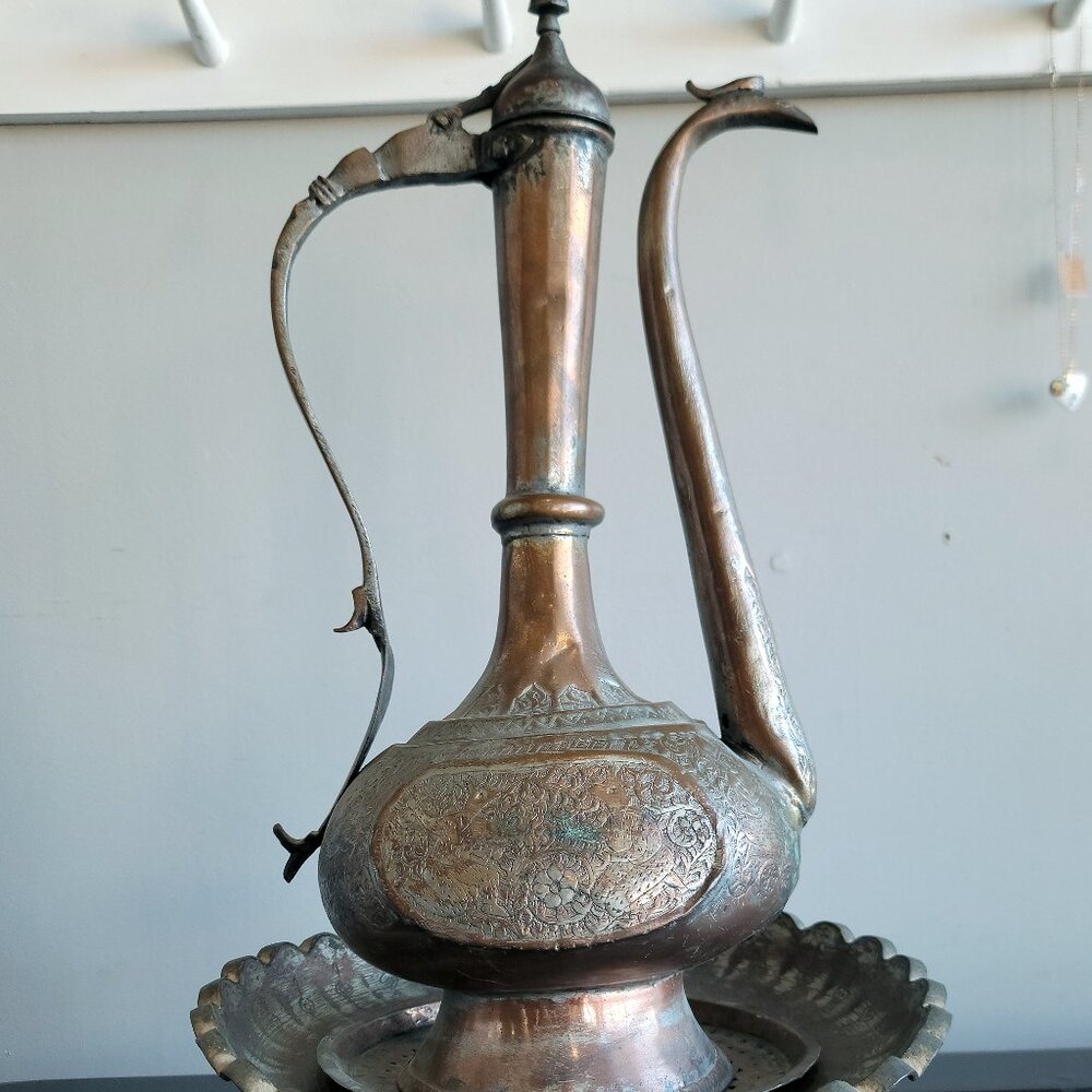 Antique Copper Islamic Engraved Ewer Pitcher and Basin Set Late 19th Early 20th
